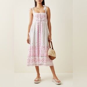 JULIET‎ DUNN Cotton Tie Shoulder Midi Dress Pink Rose Mosaic Border Print Size 3